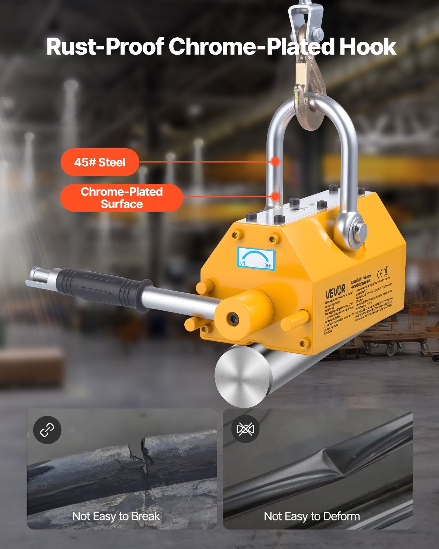 Permanent Magnetic Lifter, 600 kg Pulling Capacity, Heavy Duty N42 Neodymium Lifting Magnet with Release Handle and Steel Hook, Used in Shop Crane and Hoist, for Lifting Plate Steel, Board