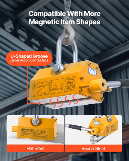 Permanent Magnetic Lifter, 600 kg Pulling Capacity, Heavy Duty N42 Neodymium Lifting Magnet with Release Handle and Steel Hook, Used in Shop Crane and Hoist, for Lifting Plate Steel, Board