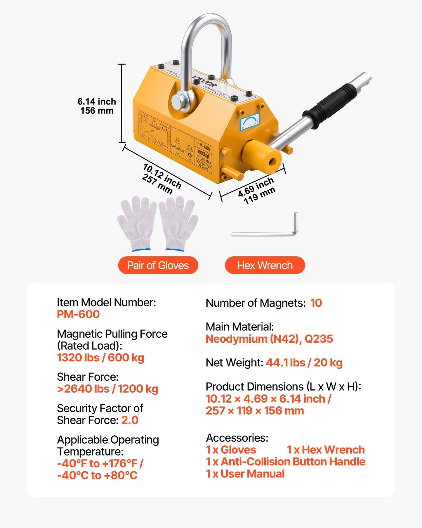 Permanent Magnetic Lifter, 600 kg Pulling Capacity, Heavy Duty N42 Neodymium Lifting Magnet with Release Handle and Steel Hook, Used in Shop Crane and Hoist, for Lifting Plate Steel, Board