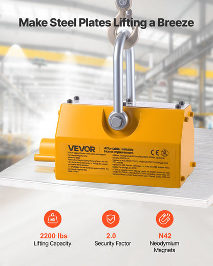 Permanent Magnetic Lifter, 1000 kg Pulling Capacity, Heavy Duty N42 Neodymium Lifting Magnet with Release Handle and Steel Hook, Used in Shop Crane and Hoist, for Lifting Plate Steel, Board
