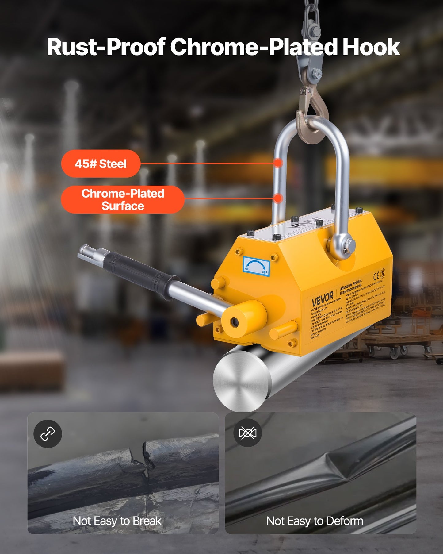 Permanent Magnetic Lifter, 1000 kg Pulling Capacity, Heavy Duty N42 Neodymium Lifting Magnet with Release Handle and Steel Hook, Used in Shop Crane and Hoist, for Lifting Plate Steel, Board