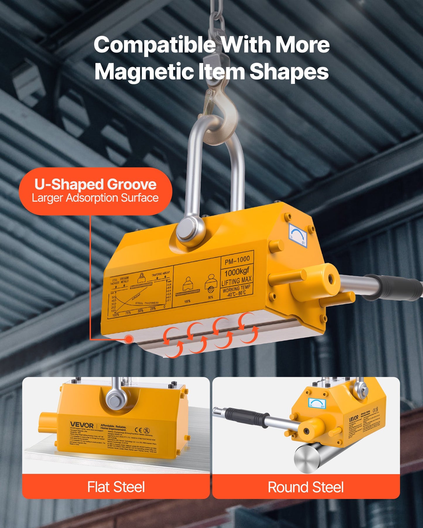 Permanent Magnetic Lifter, 1000 kg Pulling Capacity, Heavy Duty N42 Neodymium Lifting Magnet with Release Handle and Steel Hook, Used in Shop Crane and Hoist, for Lifting Plate Steel, Board