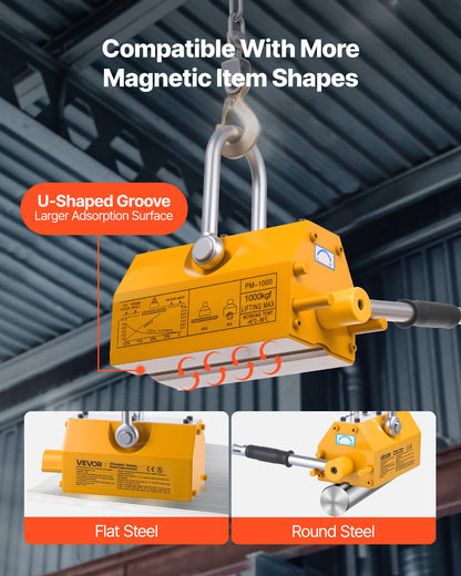 Permanent Magnetic Lifter, 1000 kg Pulling Capacity, Heavy Duty N42 Neodymium Lifting Magnet with Release Handle and Steel Hook, Used in Shop Crane and Hoist, for Lifting Plate Steel, Board