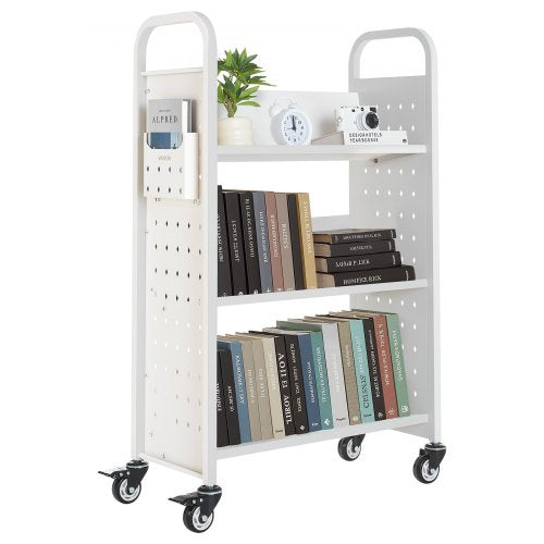 Rolling Library Book Cart, 150 kg Capacity, 77 x 38 x 122 cm Library Cart, Single Sided V-Shaped Shelves with 76.2 mm Lockable Wheels, Book Truck for Home Shelves Office and School, White