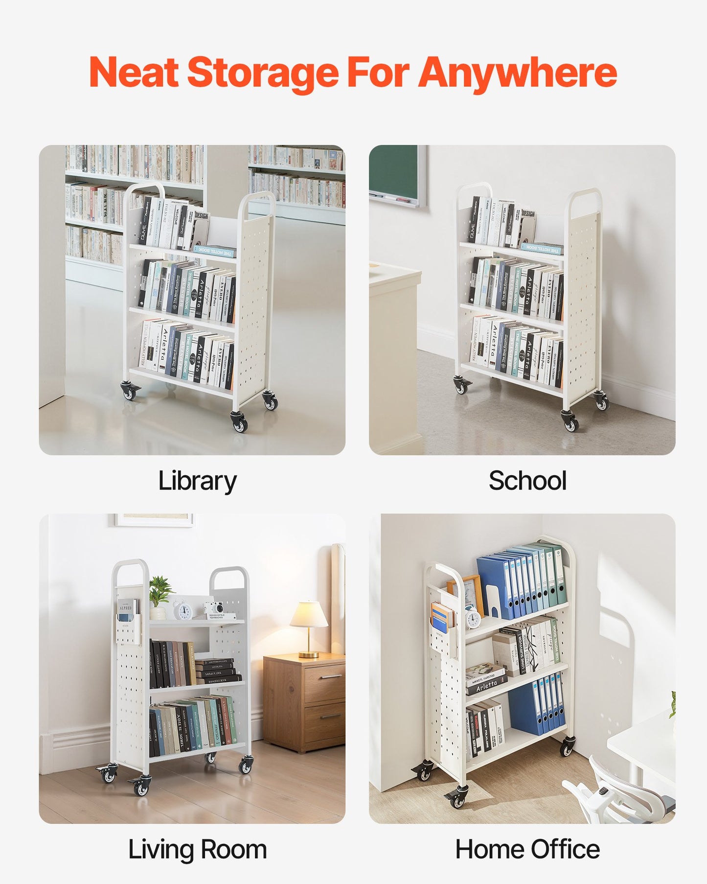 Rolling Library Book Cart, 150 kg Capacity, 77 x 38 x 122 cm Library Cart, Single Sided V-Shaped Shelves with 76.2 mm Lockable Wheels, Book Truck for Home Shelves Office and School, White