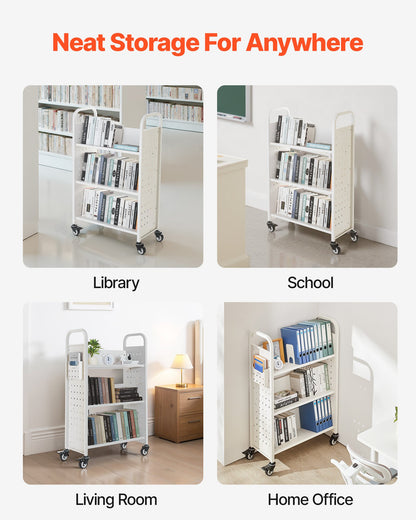 Rolling Library Book Cart, 150 kg Capacity, 77 x 38 x 122 cm Library Cart, Single Sided V-Shaped Shelves with 76.2 mm Lockable Wheels, Book Truck for Home Shelves Office and School, White