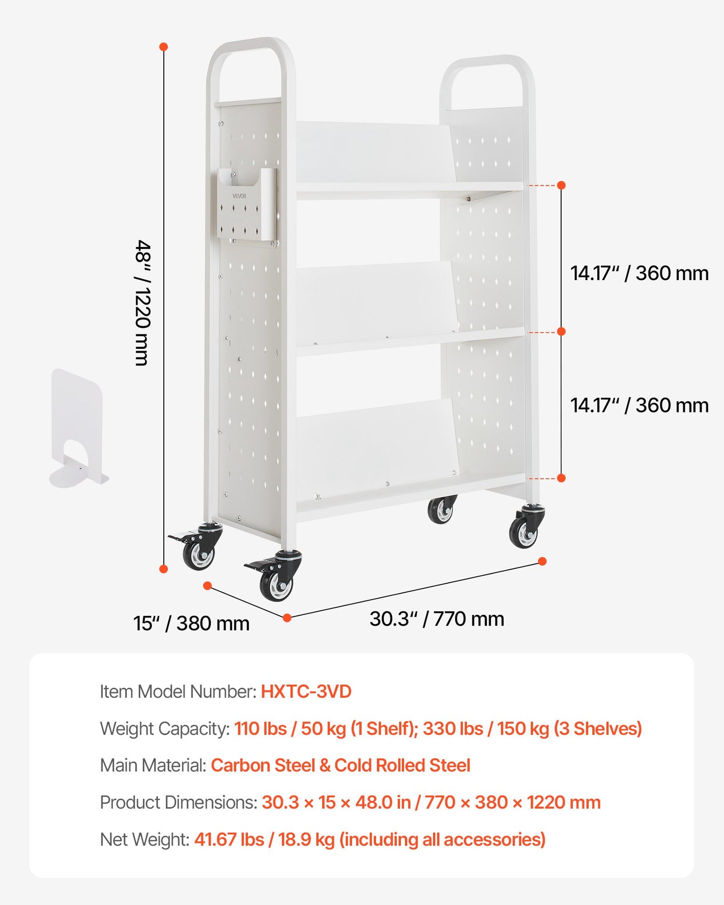 Rolling Library Book Cart, 150 kg Capacity, 77 x 38 x 122 cm Library Cart, Single Sided V-Shaped Shelves with 76.2 mm Lockable Wheels, Book Truck for Home Shelves Office and School, White