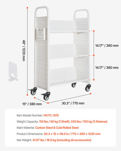 Rolling Library Book Cart, 150 kg Capacity, 77 x 38 x 122 cm Library Cart, Single Sided V-Shaped Shelves with 76.2 mm Lockable Wheels, Book Truck for Home Shelves Office and School, White