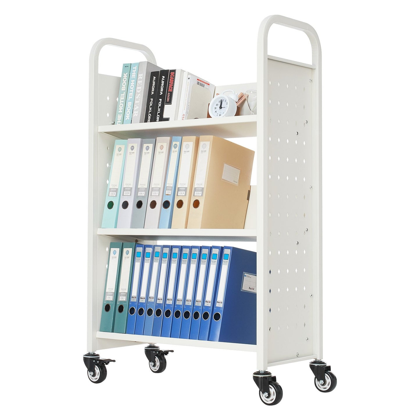 Rolling Library Book Cart, 150 kg Capacity, 77 x 38 x 122 cm Library Cart, Single Sided V-Shaped Shelves with 76.2 mm Lockable Wheels, Book Truck for Home Shelves Office and School, White