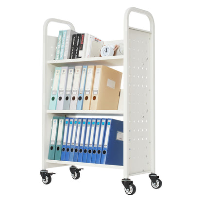 Rolling Library Book Cart, 150 kg Capacity, 77 x 38 x 122 cm Library Cart, Single Sided V-Shaped Shelves with 76.2 mm Lockable Wheels, Book Truck for Home Shelves Office and School, White
