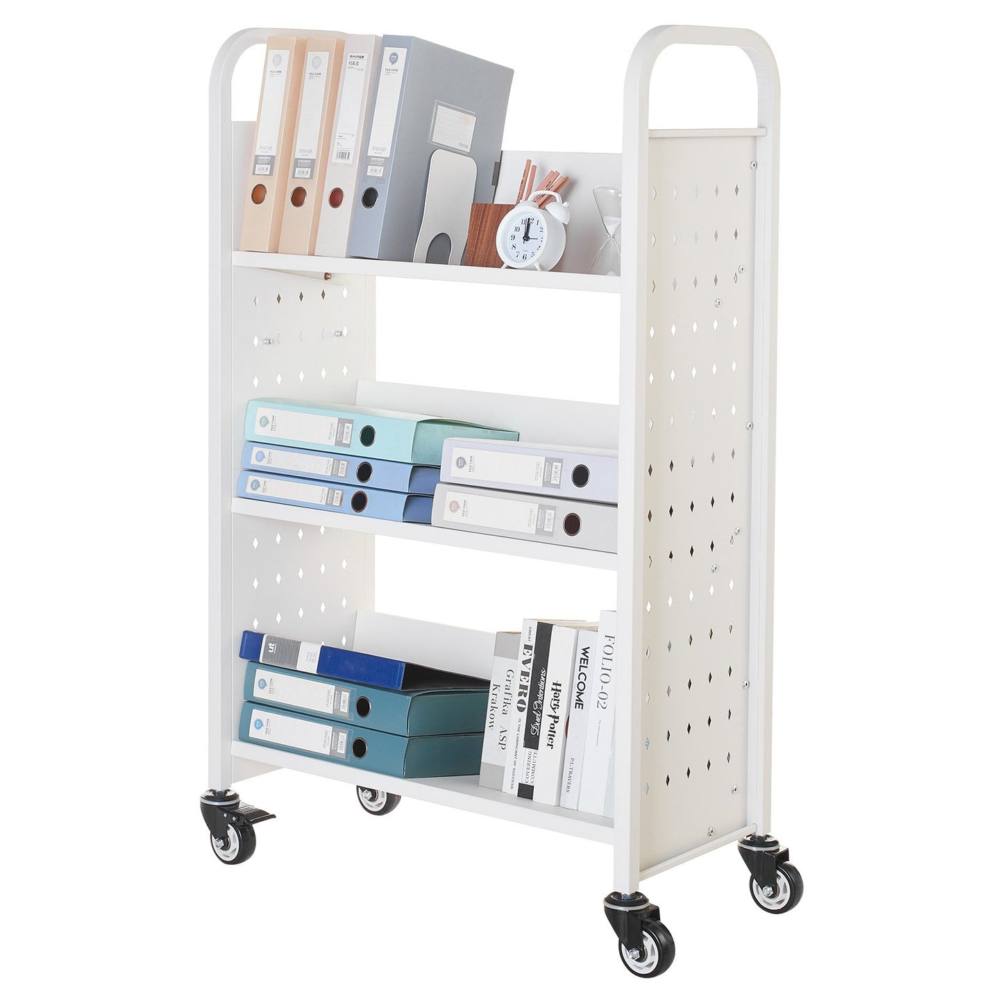 Rolling Library Book Cart, 150 kg Capacity, 77 x 38 x 122 cm Library Cart, Single Sided V-Shaped Shelves with 76.2 mm Lockable Wheels, Book Truck for Home Shelves Office and School, White