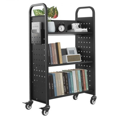 Rolling Library Book Cart, 150 kg Capacity, 77 x 38 x 122 cm Library Cart, Single Sided V-Shaped Shelves with 76.2 mm Lockable Wheels, Book Truck for Home Shelves Office and School, Black