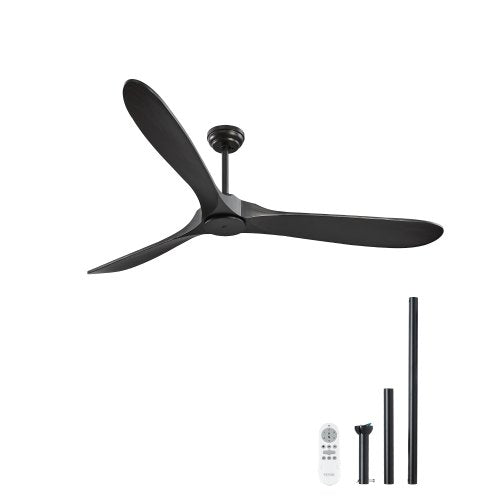 72 Inch Ceiling Fan without Light, 6-Speed Remote Control, 3-Wood-Blade, Reversible DC Motor, Modern Low Profile Flush Mount Exterior Fan for Bedroom, Living Room, Patio, Indoor/Outdoor, Black