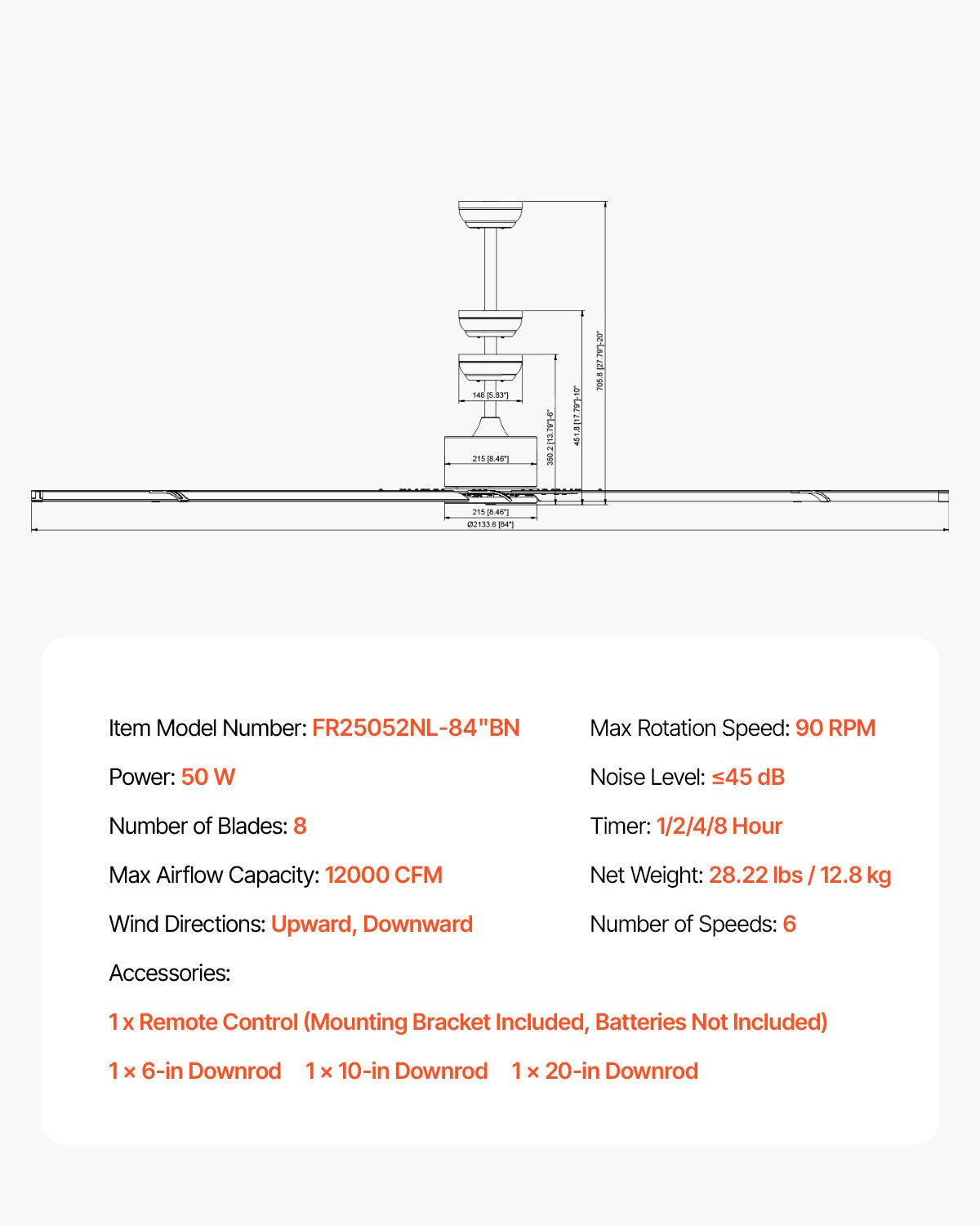 213 cm Deckenventilator ohne Beleuchtung, 6-stufige Fernbedienung, 8-flügeliges Aluminiumgehäuse, reversibler Gleichstrommotor, moderner, flacher Deckenventilator für Schlafzimmer, Wohnzimmer, Terrasse, Innen- und Außenbereich, gebürstetes Nickel