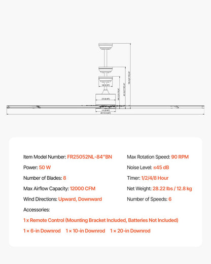 213 cm Deckenventilator ohne Beleuchtung, 6-stufige Fernbedienung, 8-flügeliges Aluminiumgehäuse, reversibler Gleichstrommotor, moderner, flacher Deckenventilator für Schlafzimmer, Wohnzimmer, Terrasse, Innen- und Außenbereich, gebürstetes Nickel