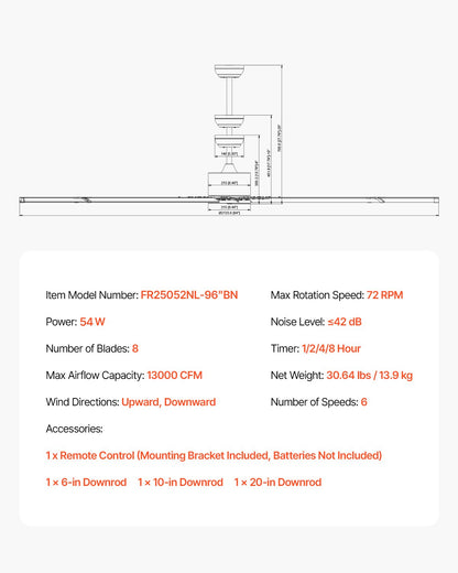 244 cm Ceiling Fan No Light, 6-Speed Remote Control, Aluminum 8-Blade, Reversible DC Motor, Modern Low Profile Flush Mount Fan for Bedroom, Living Room, Patio, Indoor/Outdoor, Brushed Nickel
