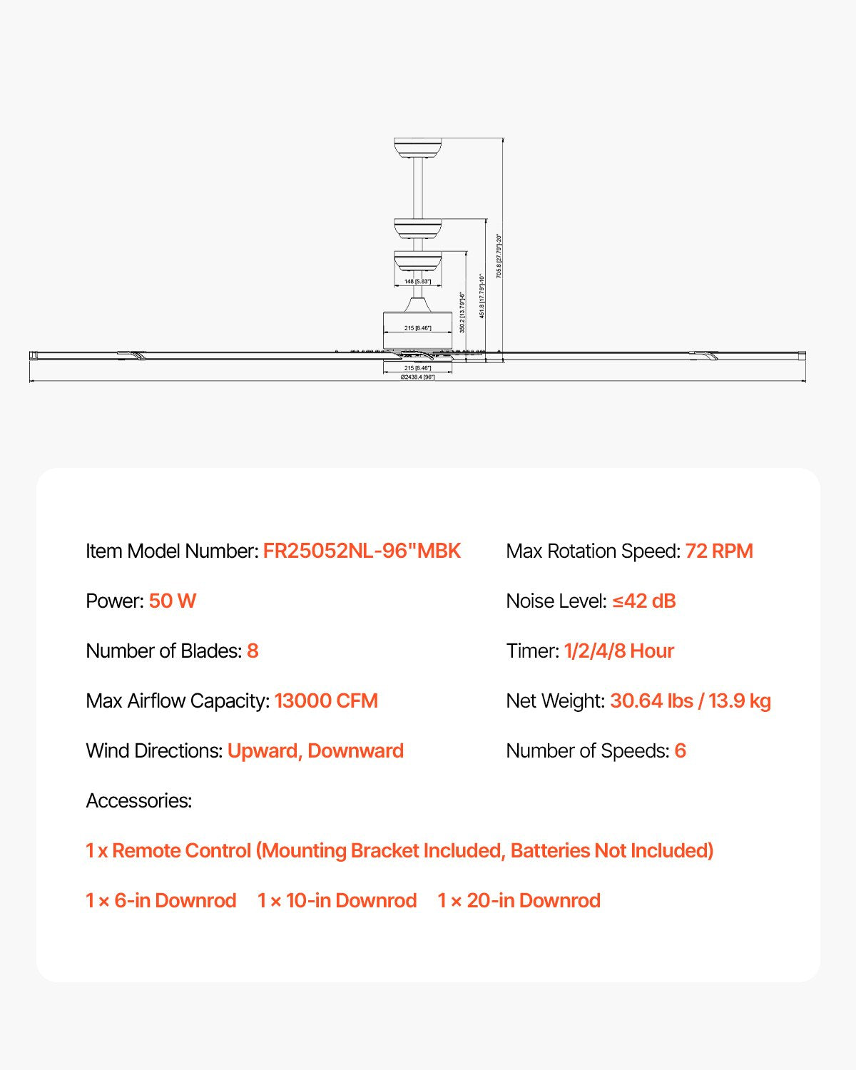 244 cm Deckenventilator ohne Beleuchtung, 6-stufige Fernbedienung, 8-flügeliges Aluminiumgehäuse, reversibler Gleichstrommotor, moderner, flacher Deckenventilator zur Außenmontage für Schlafzimmer, Wohnzimmer, Terrasse, Innen- und Außenbereich, Schwarz