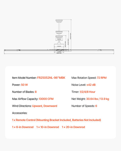 244 cm Deckenventilator ohne Beleuchtung, 6-stufige Fernbedienung, 8-flügeliges Aluminiumgehäuse, reversibler Gleichstrommotor, moderner, flacher Deckenventilator zur Außenmontage für Schlafzimmer, Wohnzimmer, Terrasse, Innen- und Außenbereich, Schwarz
