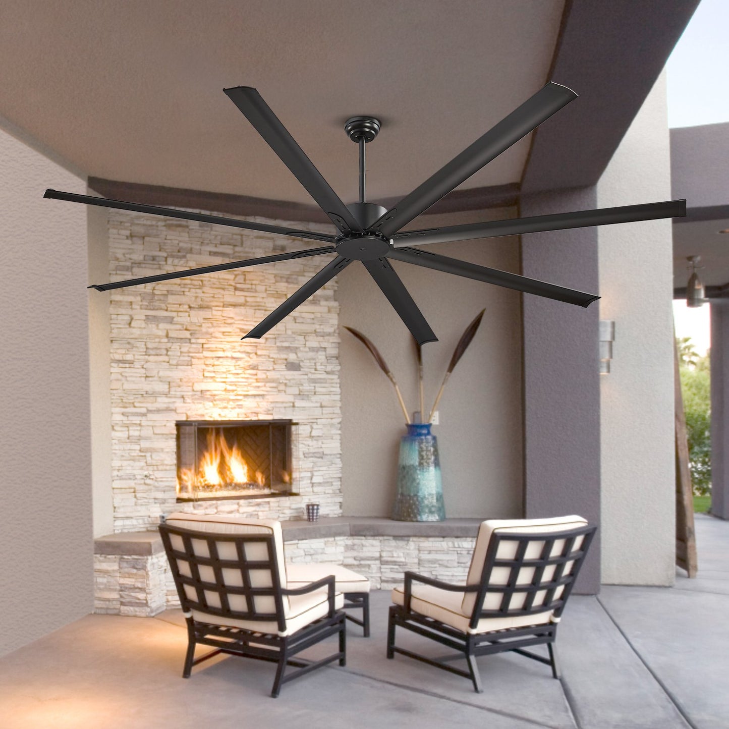 244 cm Deckenventilator ohne Beleuchtung, 6-stufige Fernbedienung, 8-flügeliges Aluminiumgehäuse, reversibler Gleichstrommotor, moderner, flacher Deckenventilator zur Außenmontage für Schlafzimmer, Wohnzimmer, Terrasse, Innen- und Außenbereich, Schwarz