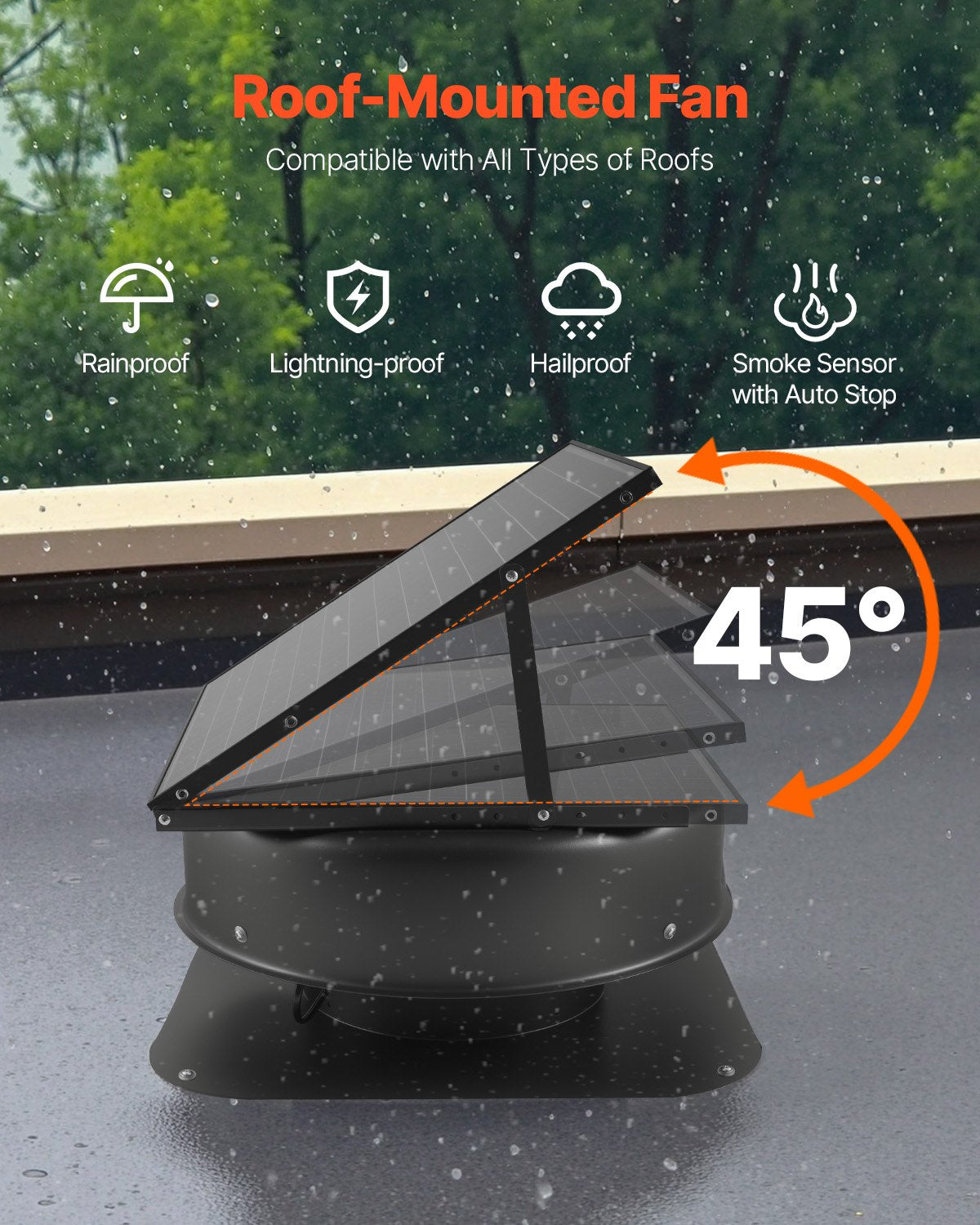 Roof Attic Exhaust Fan, 42W Smart Solar Roof Ventilation Fan with Thermostat, Remote Control, 2800 CFM Airflow Built-in Brushless DC Motor for Cooling