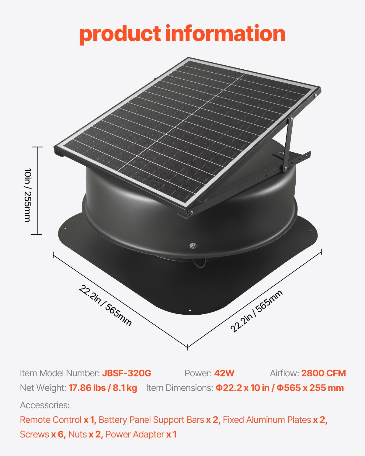 Roof Attic Exhaust Fan, 42W Smart Solar Roof Ventilation Fan with Thermostat, Remote Control, 2800 CFM Airflow Built-in Brushless DC Motor for Cooling