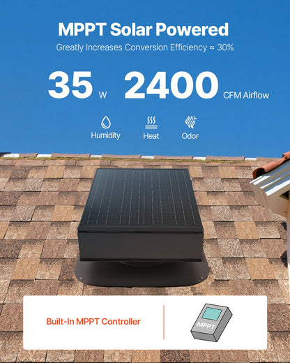 Dachbodenlüfter, 35 W, intelligenter Solar-Dachventilator mit automatischer Temperaturregelung, 2400 CFM Luftdurchsatz, integrierter bürstenloser Gleichstrommotor für Kühlung und Entfeuchtung, ohne Fernbedienung