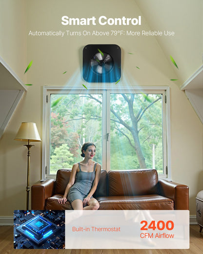 Dachbodenlüfter, 35 W, intelligenter Solar-Dachventilator mit automatischer Temperaturregelung, 2400 CFM Luftdurchsatz, integrierter bürstenloser Gleichstrommotor für Kühlung und Entfeuchtung, ohne Fernbedienung