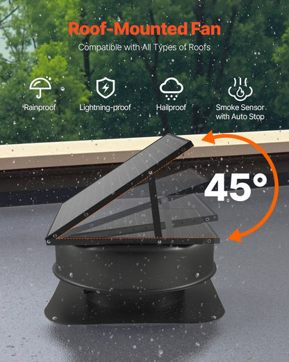 Roof Attic Exhaust Fan, 50W Smart Solar Roof Ventilation Fan with Thermostat, Remote Control, 3000 CFM Airflow Built-in Smoke Sensor with Auto Stop for Cooling and Dehumidification
