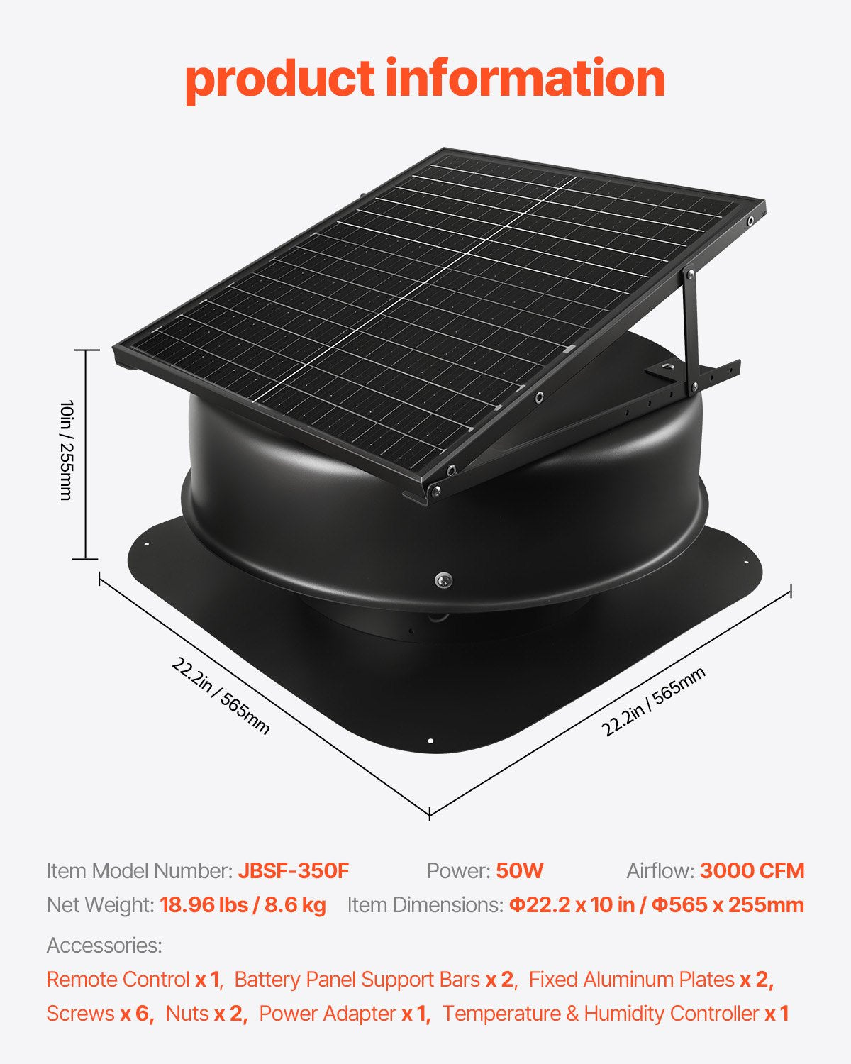 Roof Attic Exhaust Fan, 50W Smart Solar Roof Ventilation Fan with Thermostat, Remote Control, 3000 CFM Airflow Built-in Smoke Sensor with Auto Stop for Cooling and Dehumidification