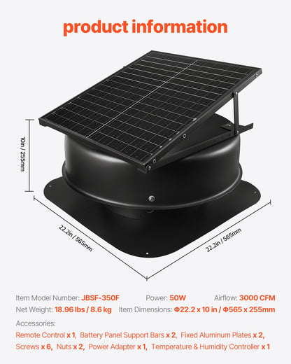 Roof Attic Exhaust Fan, 50W Smart Solar Roof Ventilation Fan with Thermostat, Remote Control, 3000 CFM Airflow Built-in Smoke Sensor with Auto Stop for Cooling and Dehumidification