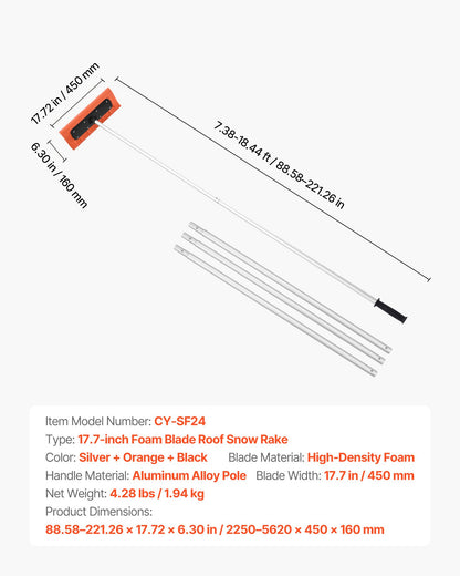 Schneeschaufel fürs Dach, 45 cm Schaumstoffblatt, 2,25–5,62 m verstellbarer Dachschneeschaber, Verlängerungsrohre und rutschfester Griff, leichtes Werkzeug zur Schneebeseitigung und Laubentfernung am Haus