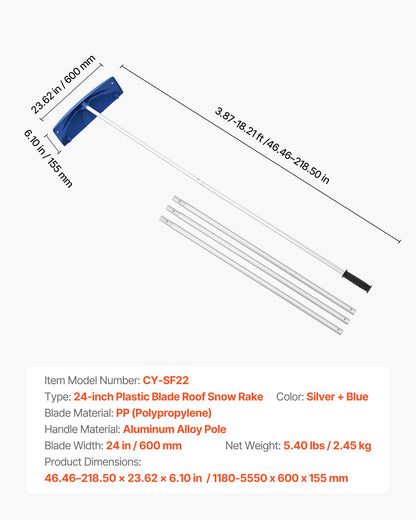Schneeräumrechen für Dächer, 60 cm langes PP-Kunststoffblatt, 1,18–5,55 m verstellbarer Dachschneeschaber mit Rädern, rutschfester Griff, leichtes Werkzeug zur Schneebeseitigung auf Hausdächern zum Entfernen von Laub und Schmutz