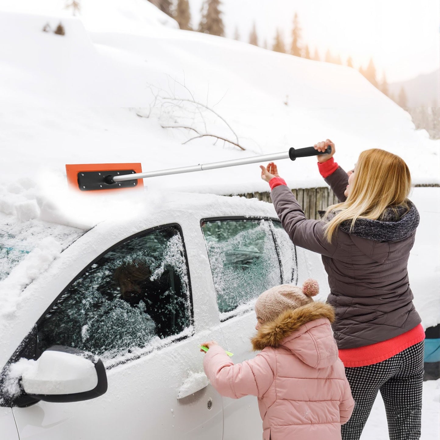 Schneeschaufel für Autodächer, 1,2 m langer Schaber mit 45 cm Schaumstoffklinge für kratzfreies Entfernen von Schnee und Laub auf Fahrzeugdächern und Garagen.