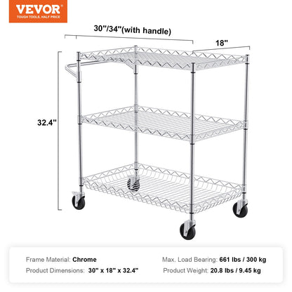 Kitchen Utility Cart, 3 Tiers, Wire Rolling Cart with 661LBS Capacity, Steel Service Cart on Wheels, Metal Storage Trolley with 80mm Deep Basket Curved Handle 6 Hooks, for Indoor and Outdoor Use