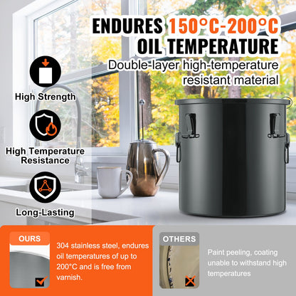 Frittierfettbehälter, 10-Gallonen-Ölentsorgungsbehälter aus Edelstahl mit rostfreier Beschichtung, Öltransportbehälter mit Deckel, Verschlussclips und Filterbeutel zum Filtern von heißem Speiseöl, Schwarz