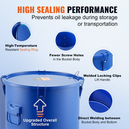 Frittierfettbehälter, 10-Gallonen-Ölentsorgungsbehälter aus Kohlenstoffstahl mit rostfreier Beschichtung, Öltransportbehälter mit Deckel, Verschlussclips, Filterbeutel zum Filtern von heißem Speiseöl, Blau