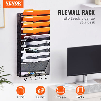 File Wall Rack, One-Piece 10 Pockets Mesh Wall File Holder, Wall Mounted Magazine Mail Paper & Document Storage Folder, Metal Wall File Organizer with Nametag Label, for Office Home & School