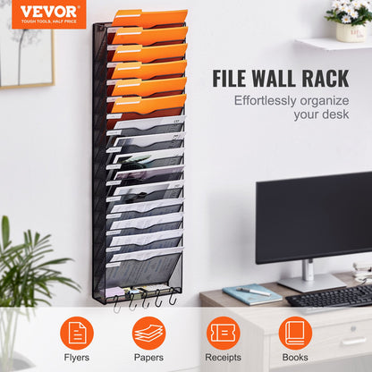 File Wall Rack, One-Piece 16 Pockets Mesh Wall File Holder, Wall Mounted Magazine Mail Paper & Document Storage Folder, Metal Wall File Organizer with Nametag Label, for Office Home & School