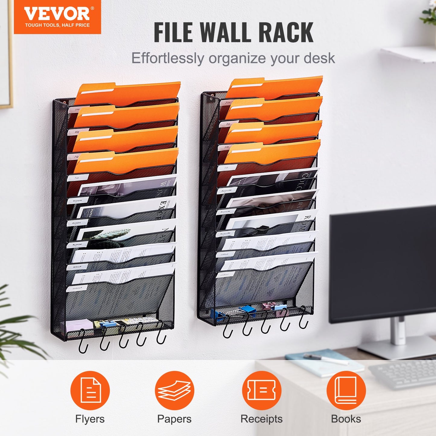 File Wall Rack, Two-Piece 10 Pockets Mesh Wall File Holder, Wall Mounted Magazine Mail Paper & Document Storage Folder, Metal Wall File Organizer with Nametag Label, for Office Home & School