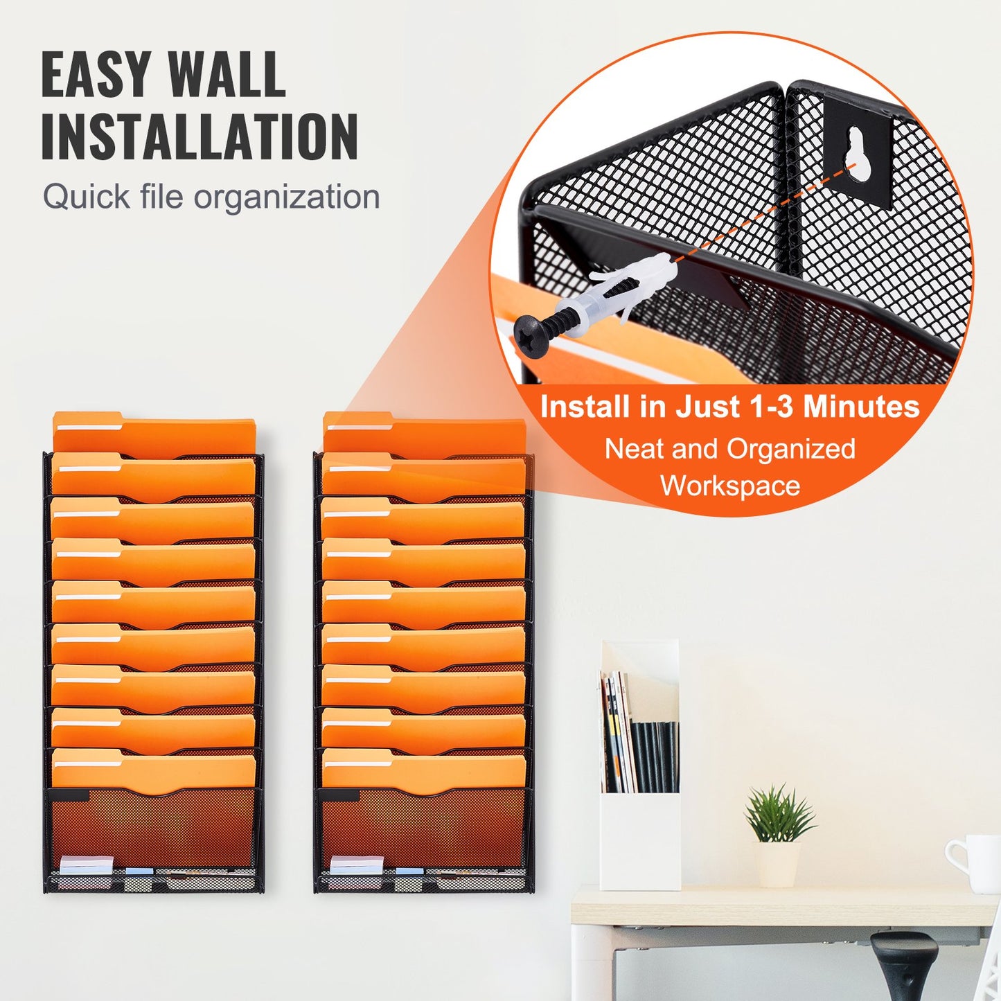 File Wall Rack, Two-Piece 10 Pockets Mesh Wall File Holder, Wall Mounted Magazine Mail Paper & Document Storage Folder, Metal Wall File Organizer with Nametag Label, for Office Home & School