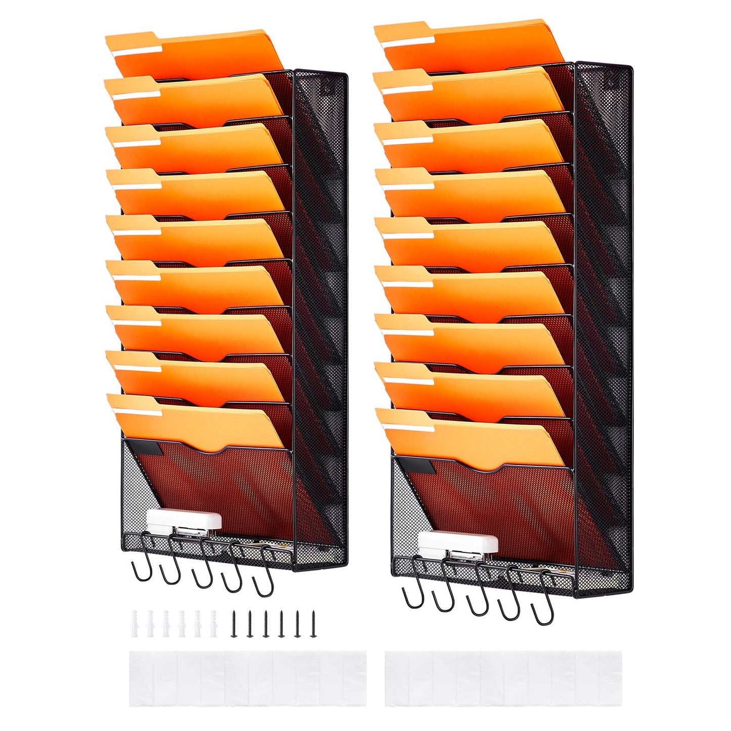 File Wall Rack, Two-Piece 10 Pockets Mesh Wall File Holder, Wall Mounted Magazine Mail Paper & Document Storage Folder, Metal Wall File Organizer with Nametag Label, for Office Home & School