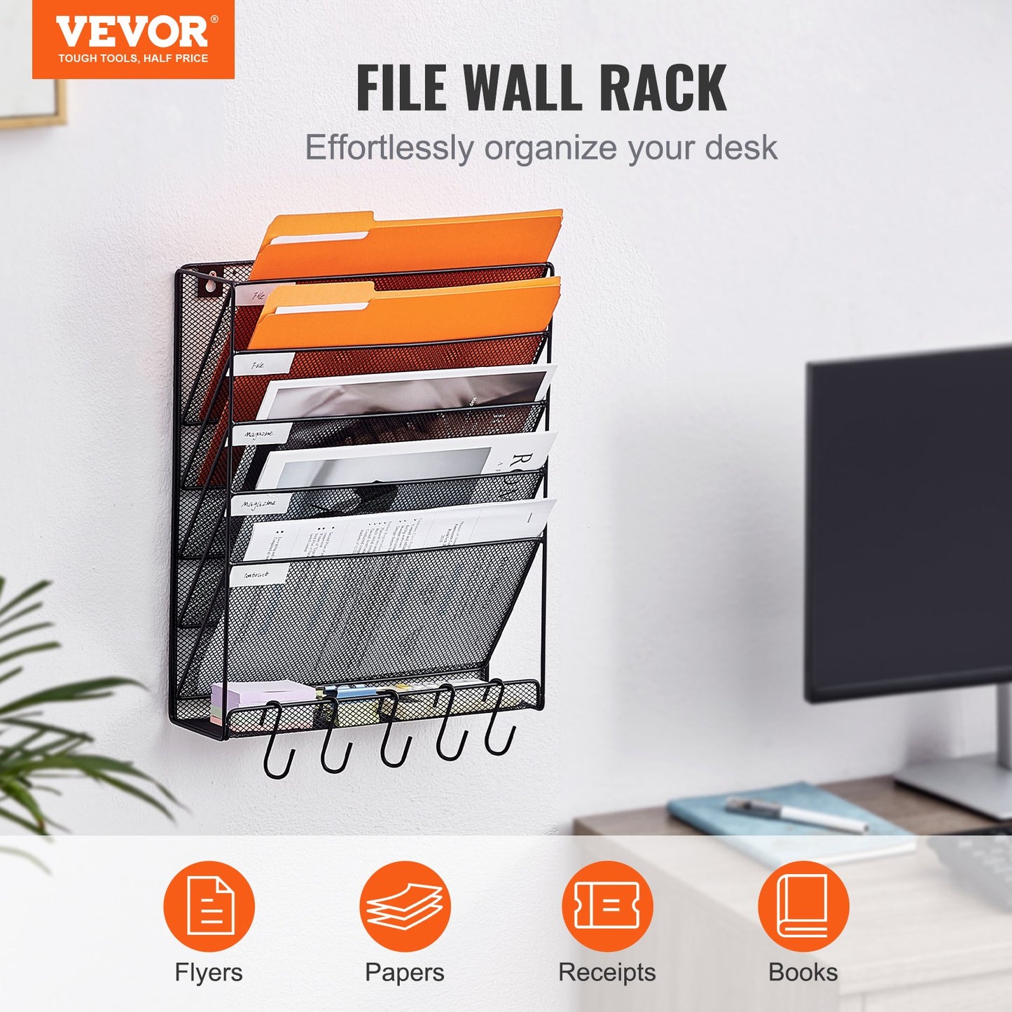 File Wall Rack, One-Piece 6 Pockets Mesh Wall File Holder, Wall Mounted Magazine Mail Paper & Document Storage Folder, Metal Wall File Organizer with Nametag Label, for Office Home & School