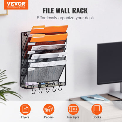 File Wall Rack, One-Piece 6 Pockets Mesh Wall File Holder, Wall Mounted Magazine Mail Paper & Document Storage Folder, Metal Wall File Organizer with Nametag Label, for Office Home & School