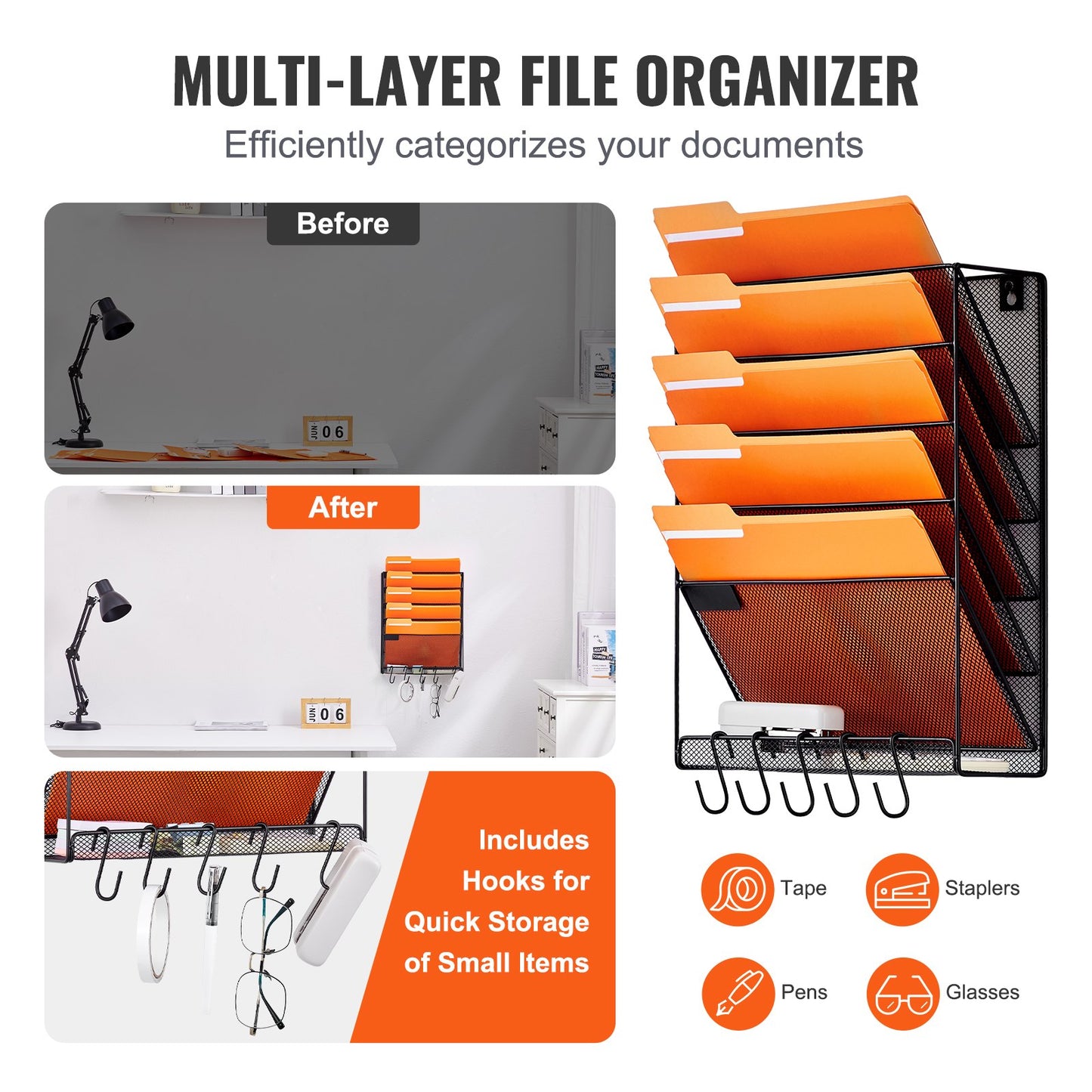 File Wall Rack, One-Piece 6 Pockets Mesh Wall File Holder, Wall Mounted Magazine Mail Paper & Document Storage Folder, Metal Wall File Organizer with Nametag Label, for Office Home & School
