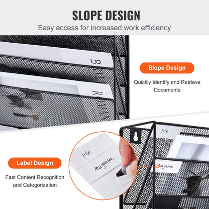 File Wall Rack, One-Piece 6 Pockets Mesh Wall File Holder, Wall Mounted Magazine Mail Paper & Document Storage Folder, Metal Wall File Organizer with Nametag Label, for Office Home & School