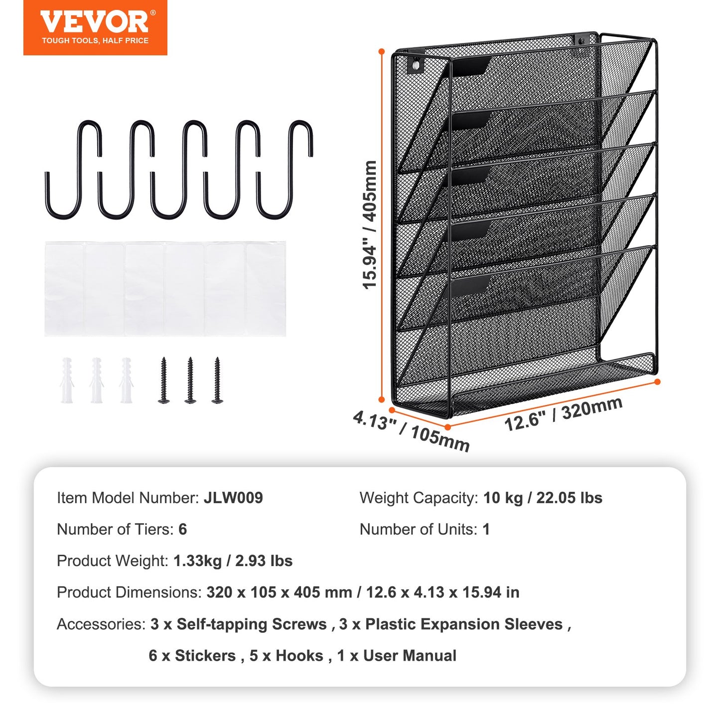 File Wall Rack, One-Piece 6 Pockets Mesh Wall File Holder, Wall Mounted Magazine Mail Paper & Document Storage Folder, Metal Wall File Organizer with Nametag Label, for Office Home & School