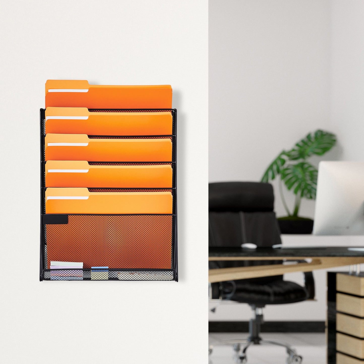 File Wall Rack, One-Piece 6 Pockets Mesh Wall File Holder, Wall Mounted Magazine Mail Paper & Document Storage Folder, Metal Wall File Organizer with Nametag Label, for Office Home & School