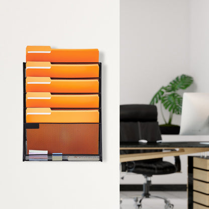 File Wall Rack, One-Piece 6 Pockets Mesh Wall File Holder, Wall Mounted Magazine Mail Paper & Document Storage Folder, Metal Wall File Organizer with Nametag Label, for Office Home & School