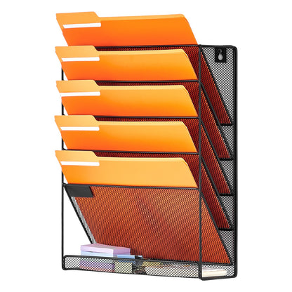 File Wall Rack, One-Piece 6 Pockets Mesh Wall File Holder, Wall Mounted Magazine Mail Paper & Document Storage Folder, Metal Wall File Organizer with Nametag Label, for Office Home & School