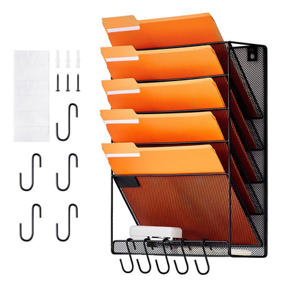 File Wall Rack, One-Piece 6 Pockets Mesh Wall File Holder, Wall Mounted Magazine Mail Paper & Document Storage Folder, Metal Wall File Organizer with Nametag Label, for Office Home & School